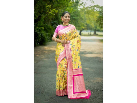 Aastha Fashion Women's Yellow Banarasi Silk Meenakari Zari Woven Saree with Blouse - Grab2buy