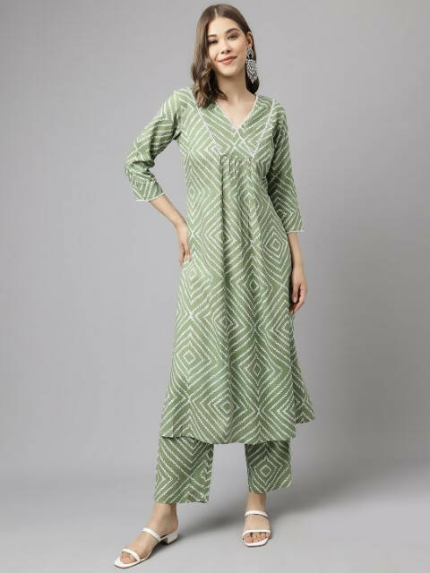 FIORRA Women's Green Cotton A-Line Kurta Set 