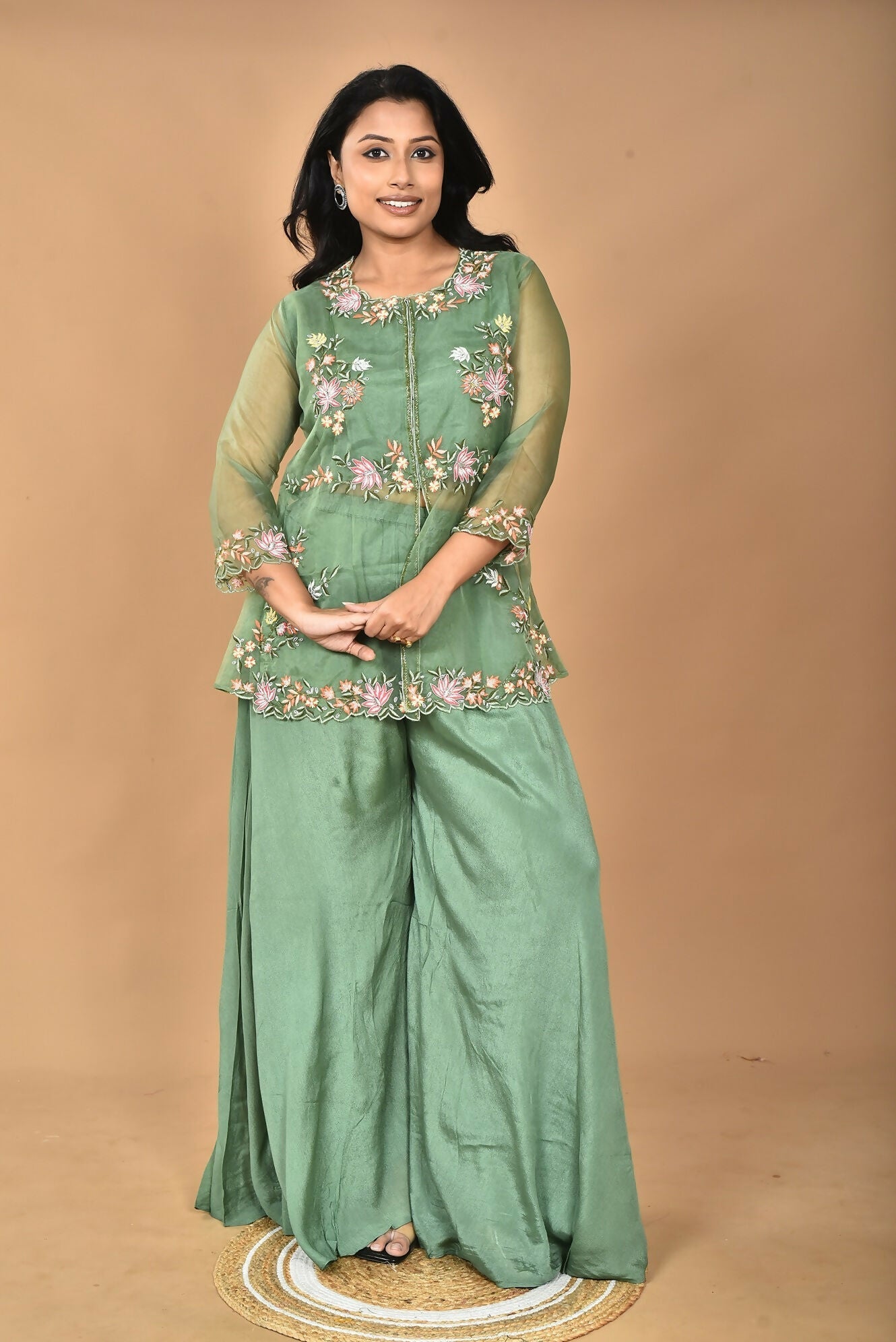 Morchari Women And Hand Embroidery Palazzo Set-Green 
