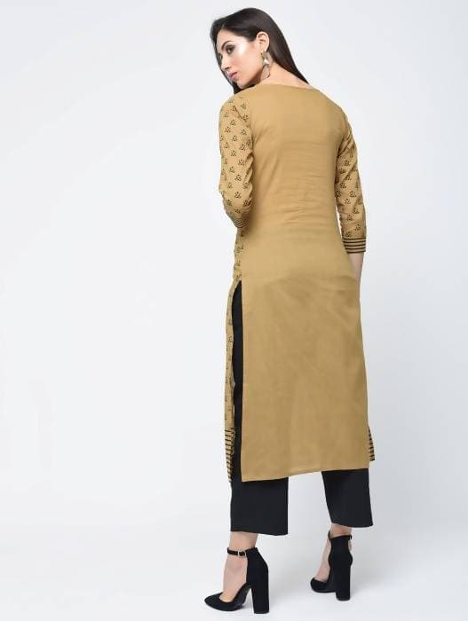Aniyah Cotton Block Printed Beige Color Front Slit Kurta (AN-117K)