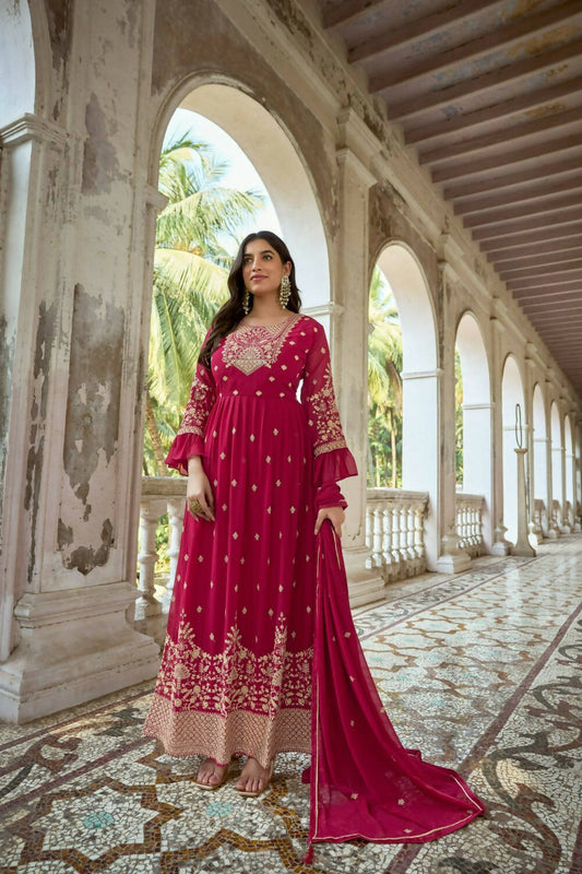 Pink Heavy Faux Georgette Anarkali Embroidered Kurta Set - Dhvani