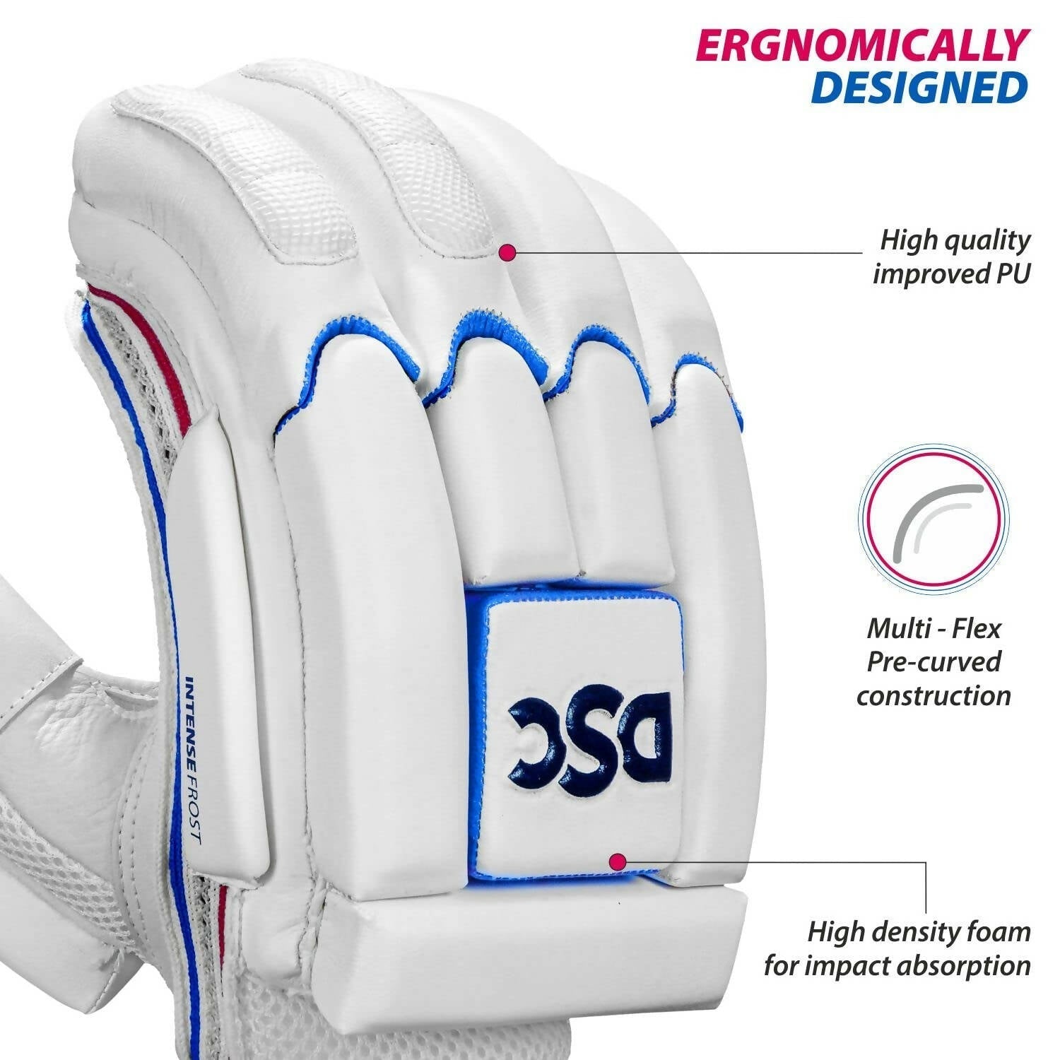 DSC Intense Frost Leather Cricket Batting Gloves for Mens - Right Hand, White, One Size 