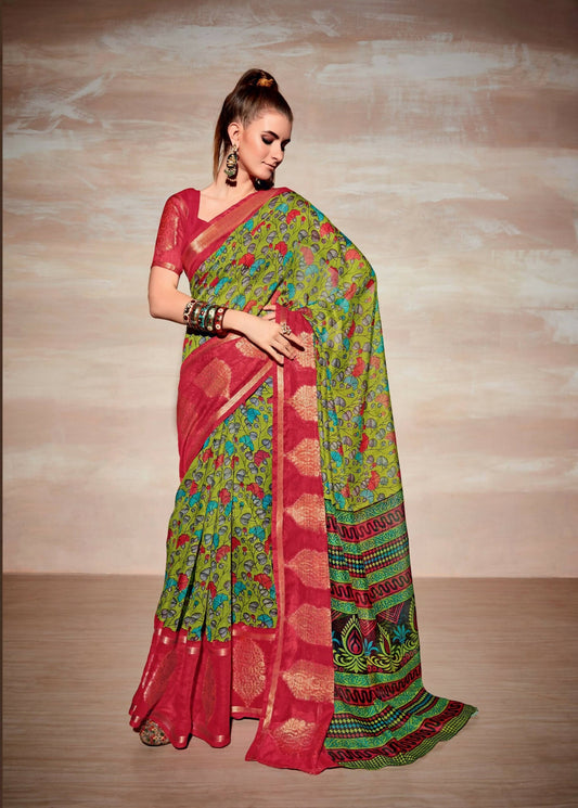 Green Cotton Floral Printed Saree With Unstitched Blouse Piece - Kathika