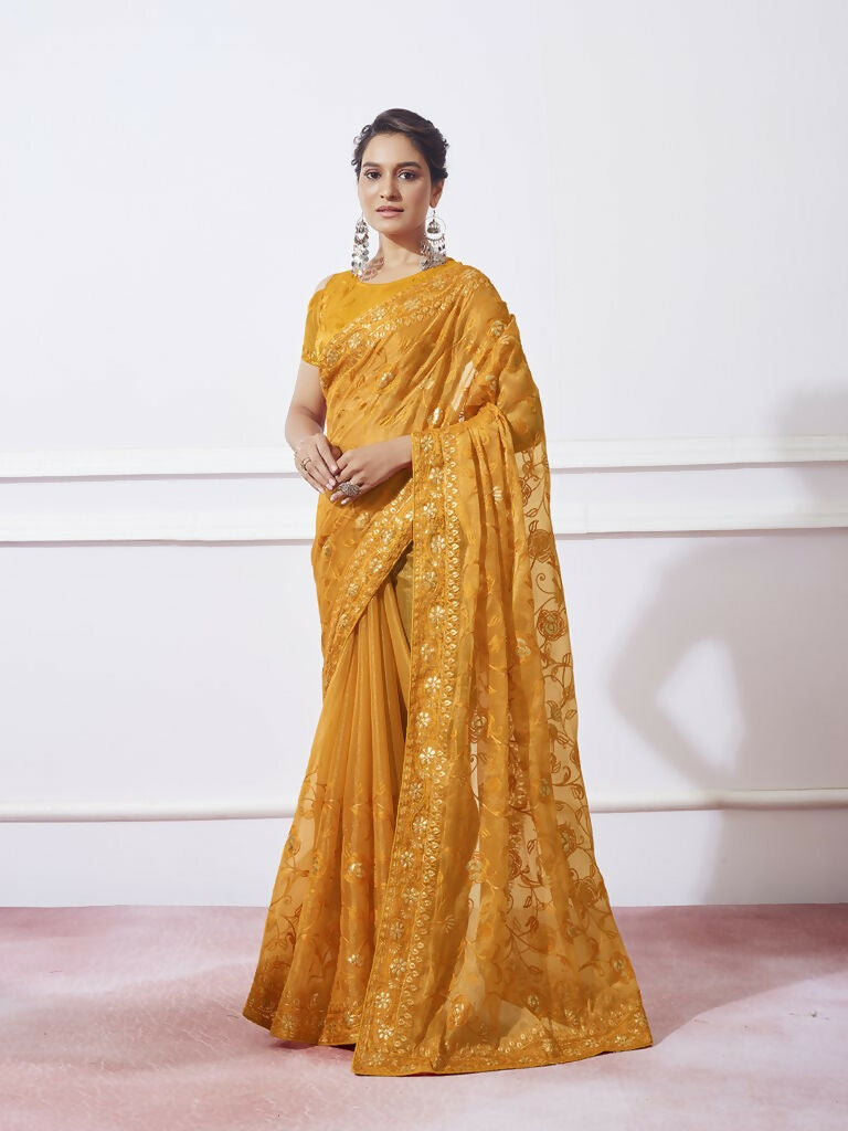 Mustard Simmar Designer Thread Embroidery Work Saree with Unstitched Blouse - Vandini