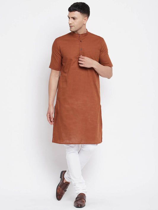 Even Apparels Brown Pure Cotton Men's H/S Kurta With Band Collar 