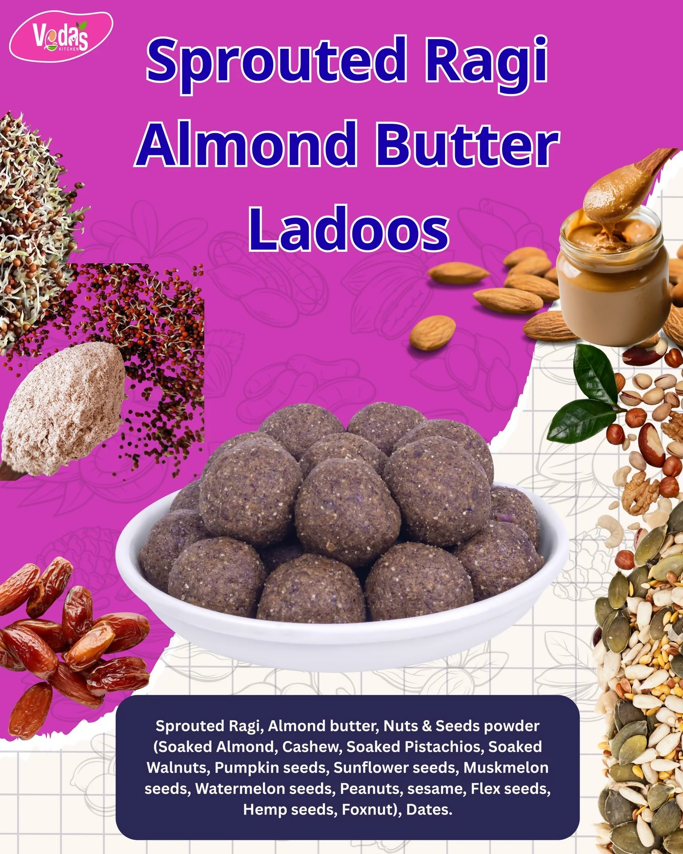 Vedas Kitchen Sprouted Ragi Almond Butter Ladoos 8 Month  Grab2Buy Vedas Kitchen Grab2Buy