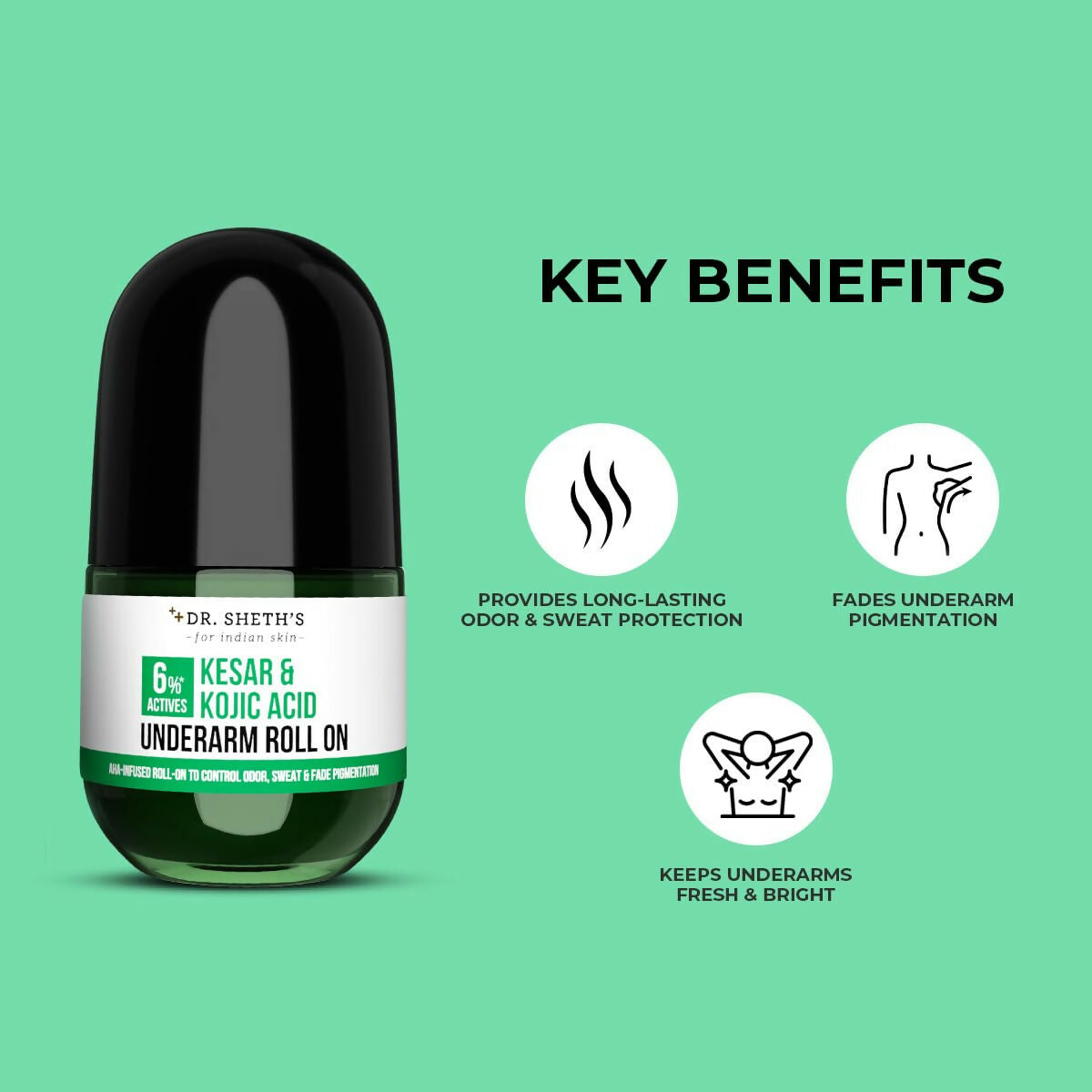 Dr. Sheth's Kesar & Kojic Acid Underarm Roll-on 6% Actives -AHA, Kojic Acid & Niacinamide, Controls Body Odor, Sweat & Fade Pigmentation 