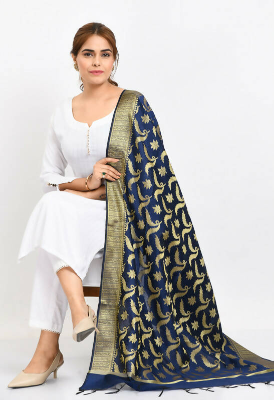 Mominos Fashion Moeza Women's Banarsi Silk Floral Woven Design Navy Blue Dupatta 