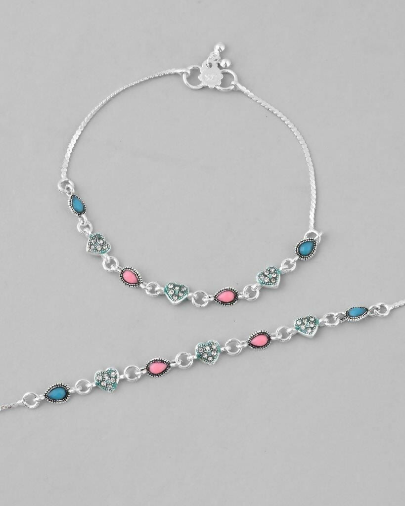 VOJ Set of 2 Silver Plated Heart Shaped Meenakari Anklet 