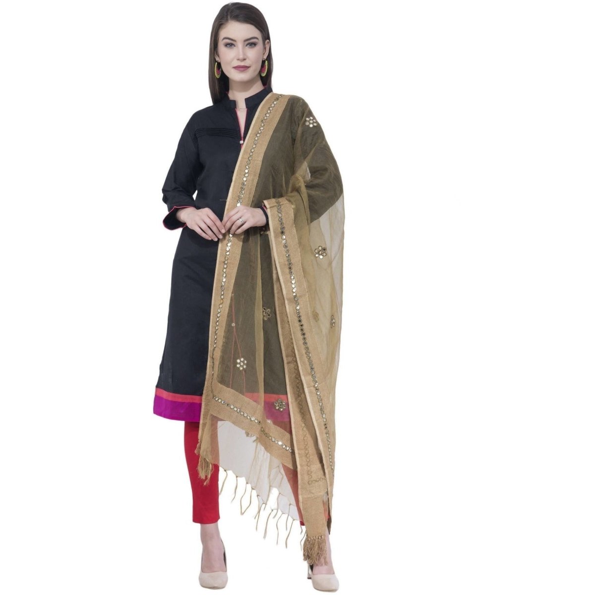A R Silk Dark Golden Color Orgenza Flower Mirror Dupattas and Chunnis 