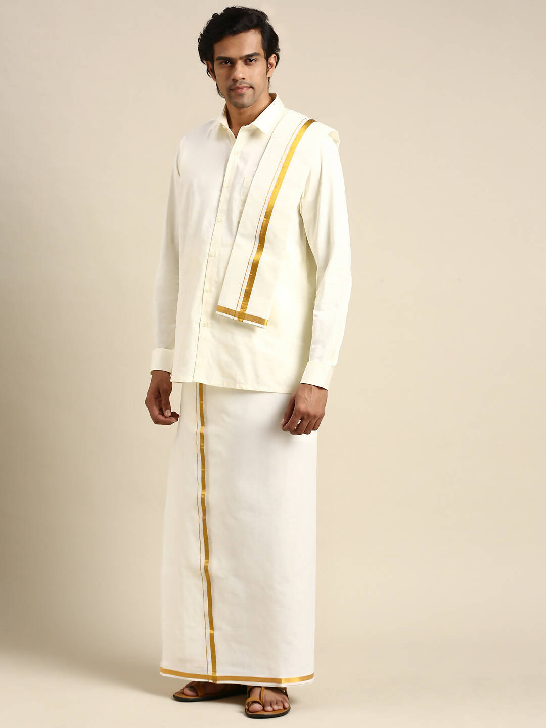 Ramraj Cotton Premium Wedding Cream Regular Dhoti, Shirt & Towel Set Golden Reward