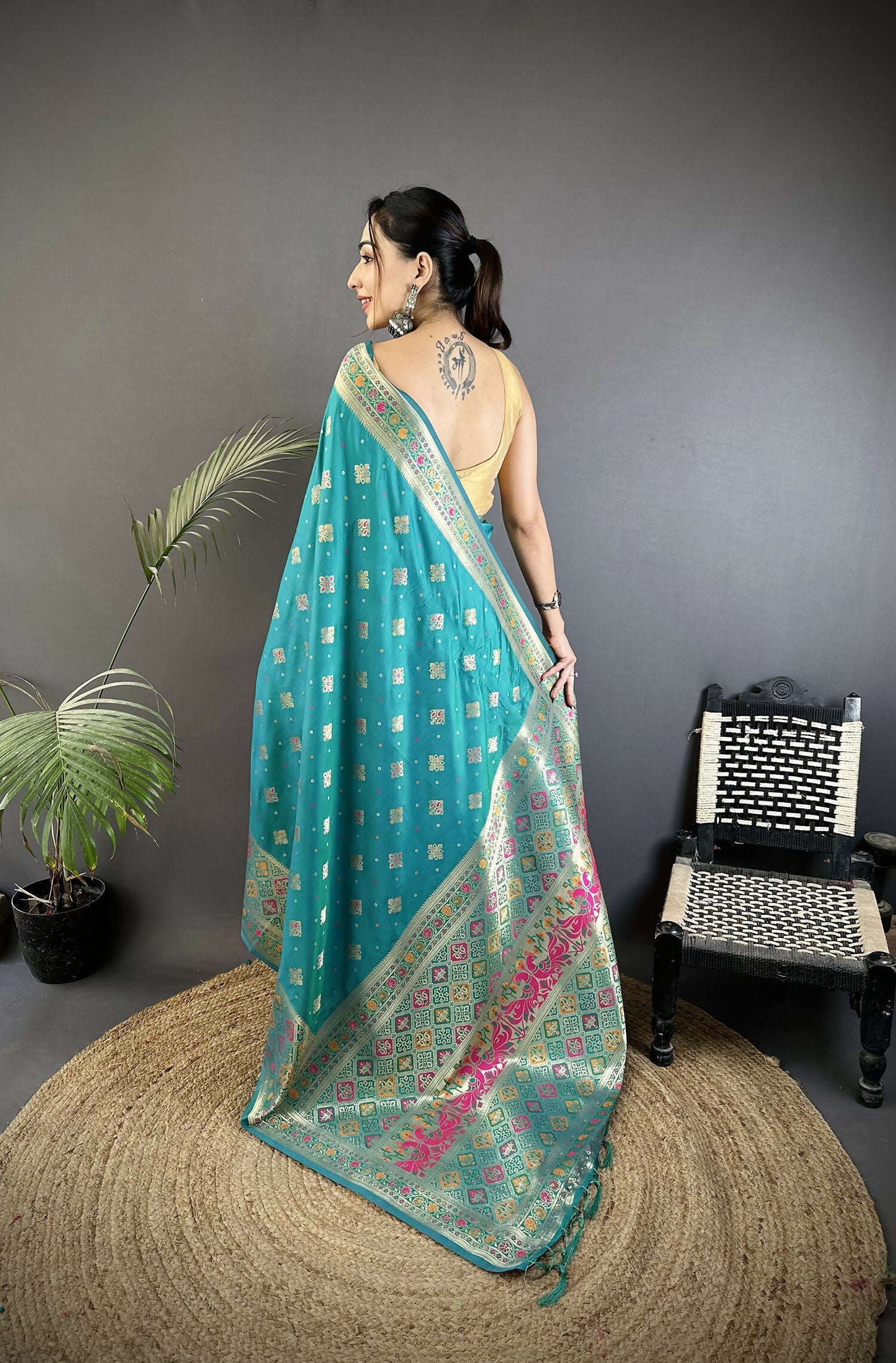 Joban Fashion Turquoise Blue Geometric Pattern Soft Silk Patola Saree