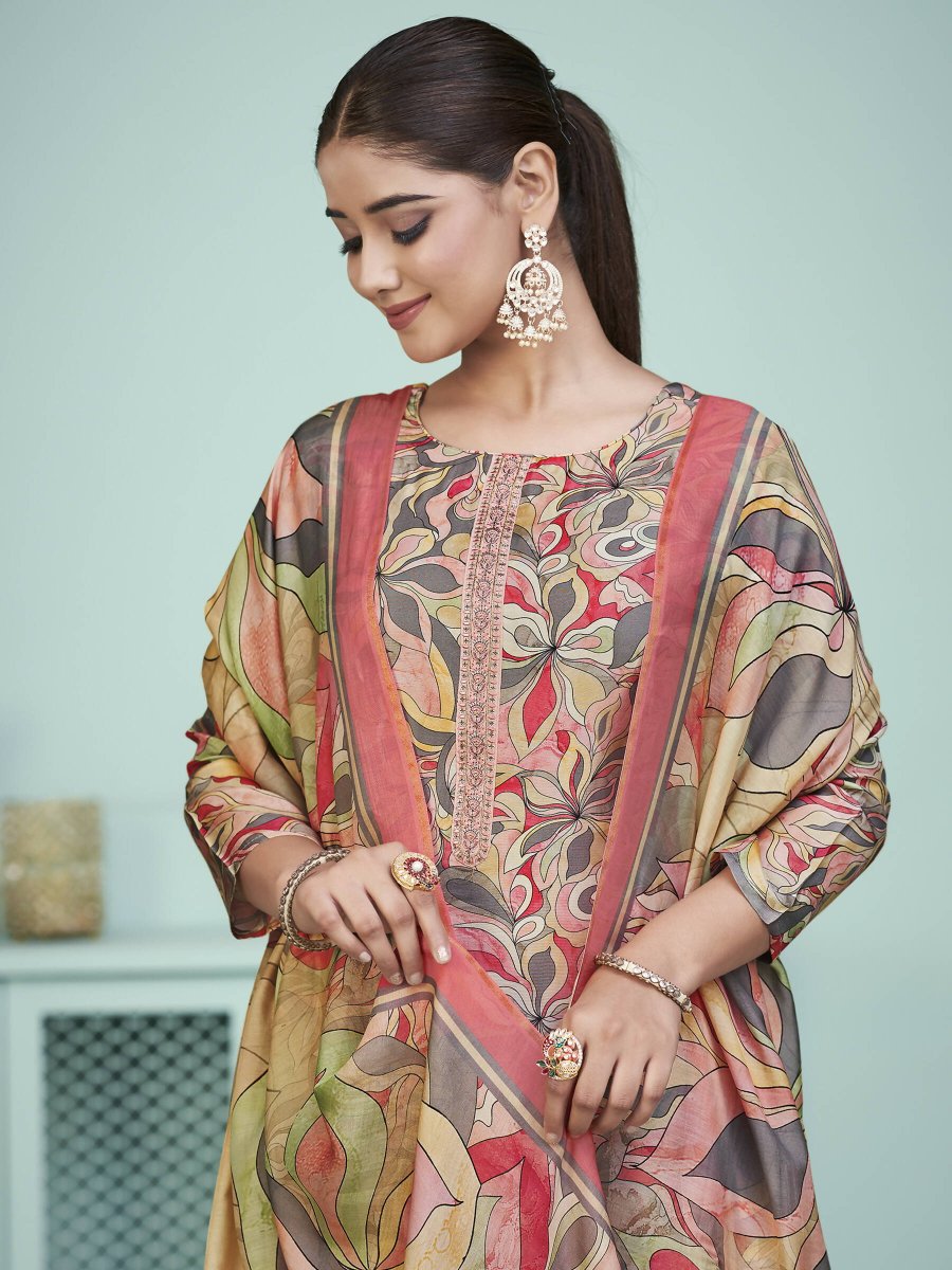 Aastha Fashion Women's Multicolor Muslin Digital Print with Resham Thread work Kurta with Trouser & Dupatta - Grab2buy