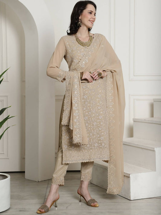 Aastha Fashion Women's Beige Georgette Floral Resham Thread with Cording & Crystal work Kurta with Trouser & Dupatta - Grab2buy