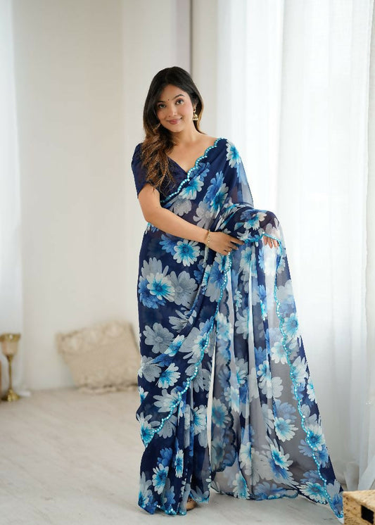 PR Fashion Blue Georgette Printed With Mirror Work Saree