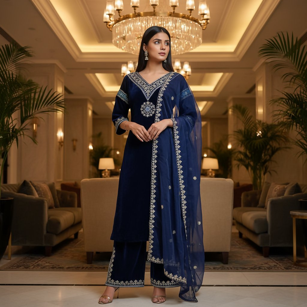 Teeya Creation Blue Color Velvet Designer Embroidery Work party Wear Suit