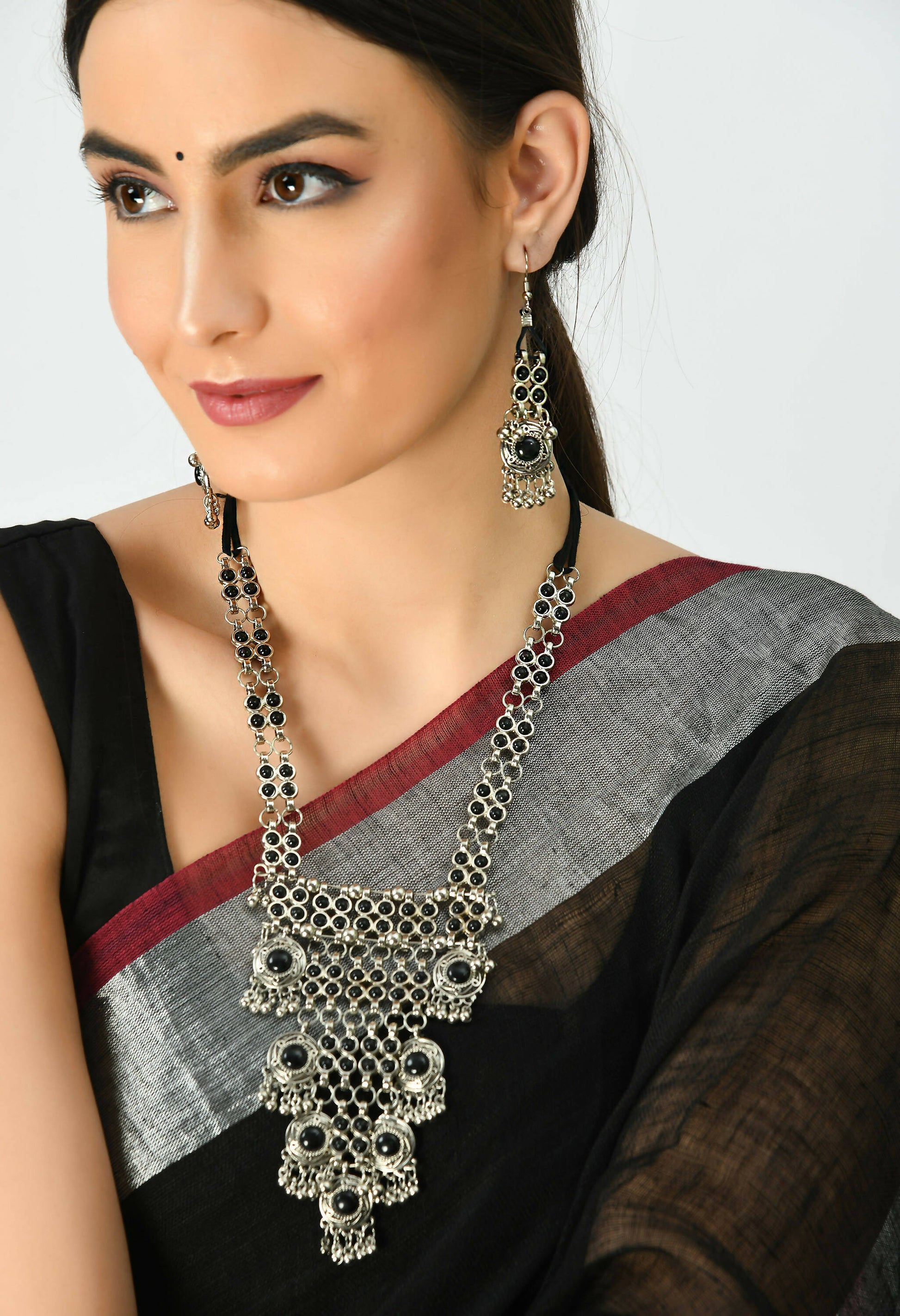 Mominos Fashion Johar Kamal Oxidised Silver-Plated Brass Finish Black Kundan Afghani Long Necklace For Women - Grab2buy