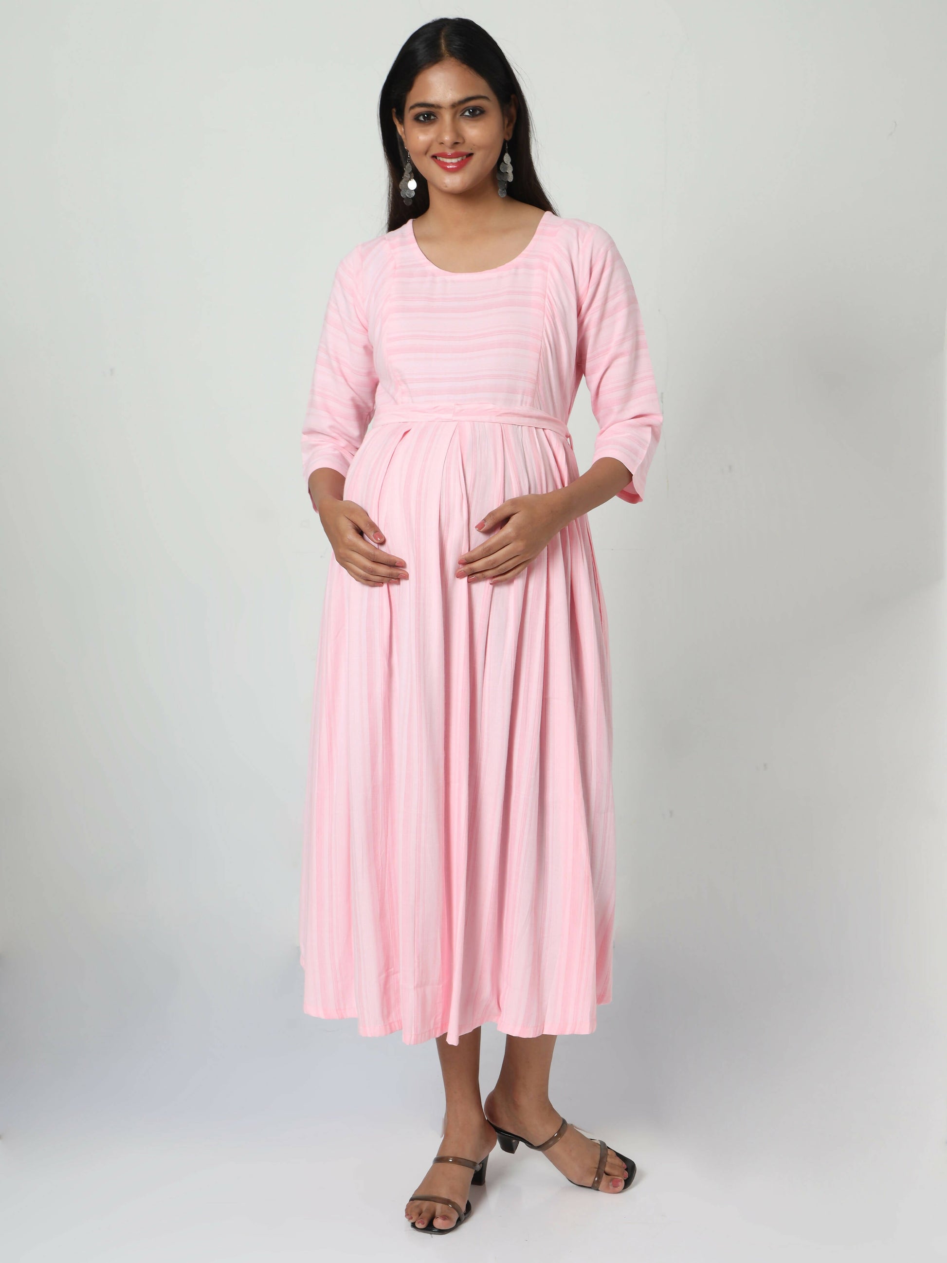 Manet Three Fourth Maternity Dress Striped With Concealed Zipper Nursing Access - Pink