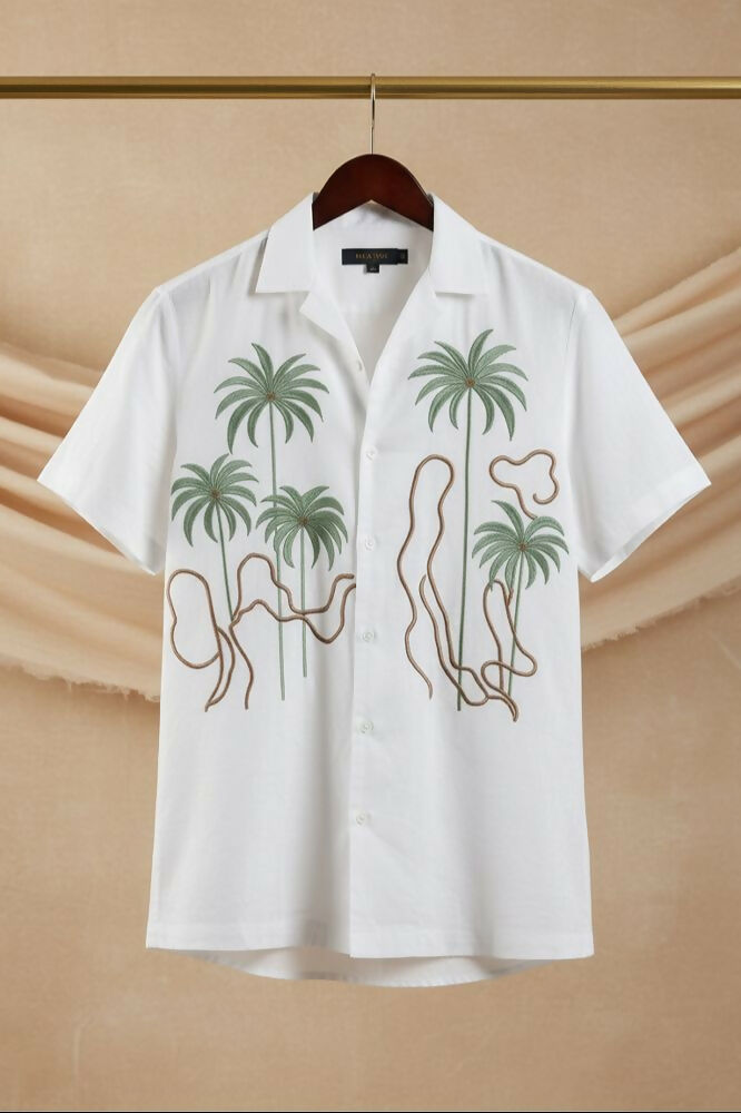 Tansira — White Palm Embroidered Linen Shirt by Hilo Design