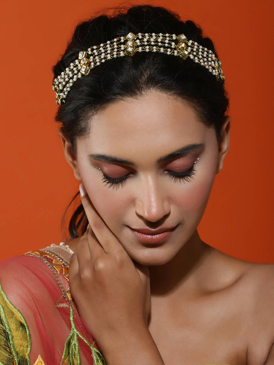Gold-Plated White Kundan-Studded Pearl Head Chains - Ruby Raang - Grab2buy