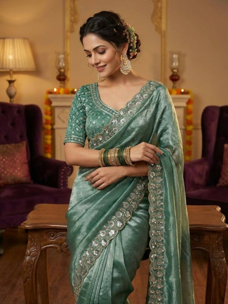 Joban Fashion Green Fandy Satin Silk Party Wear Sarees
