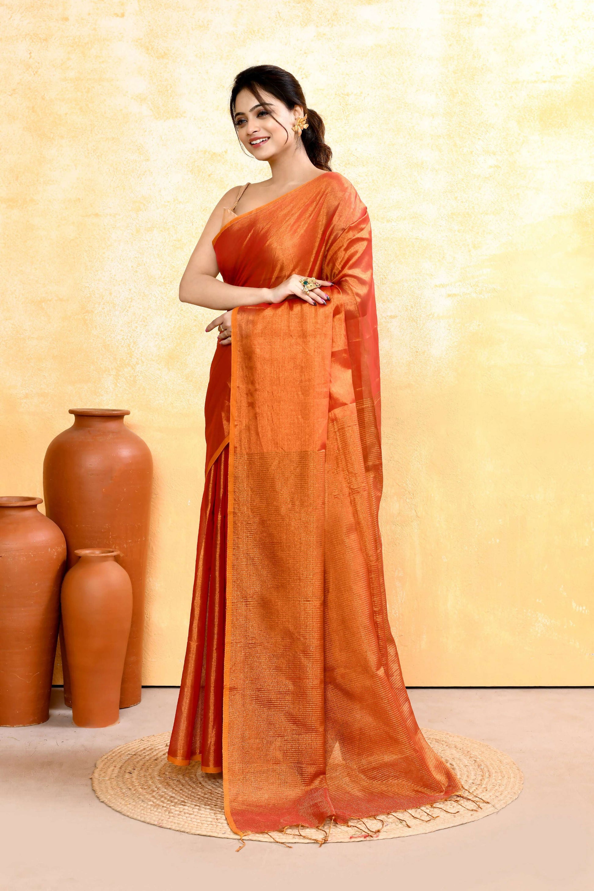 Piyari Fashion Women's Rust Dual Tone Organic Tissue Saree With Blouse Piece