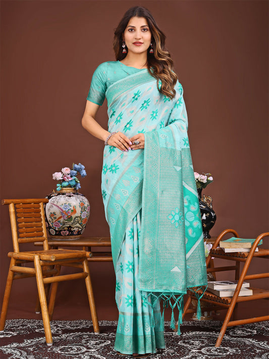 Shree Shyam Fashion Sajni Sea Green Linen Cotton Saree