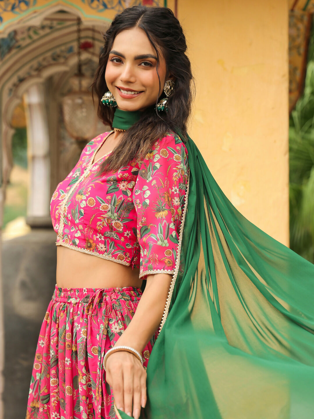 Janasya Pink Georgette Floral Lehenga Choli Dupatta 