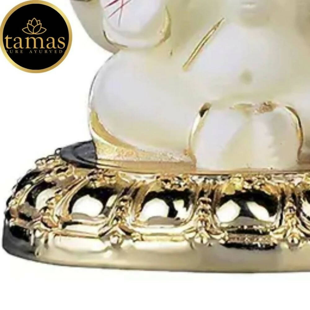 Tamas Gaj Karna Ganesh Idol | Off White & Gold | Brass Pooja Decor 