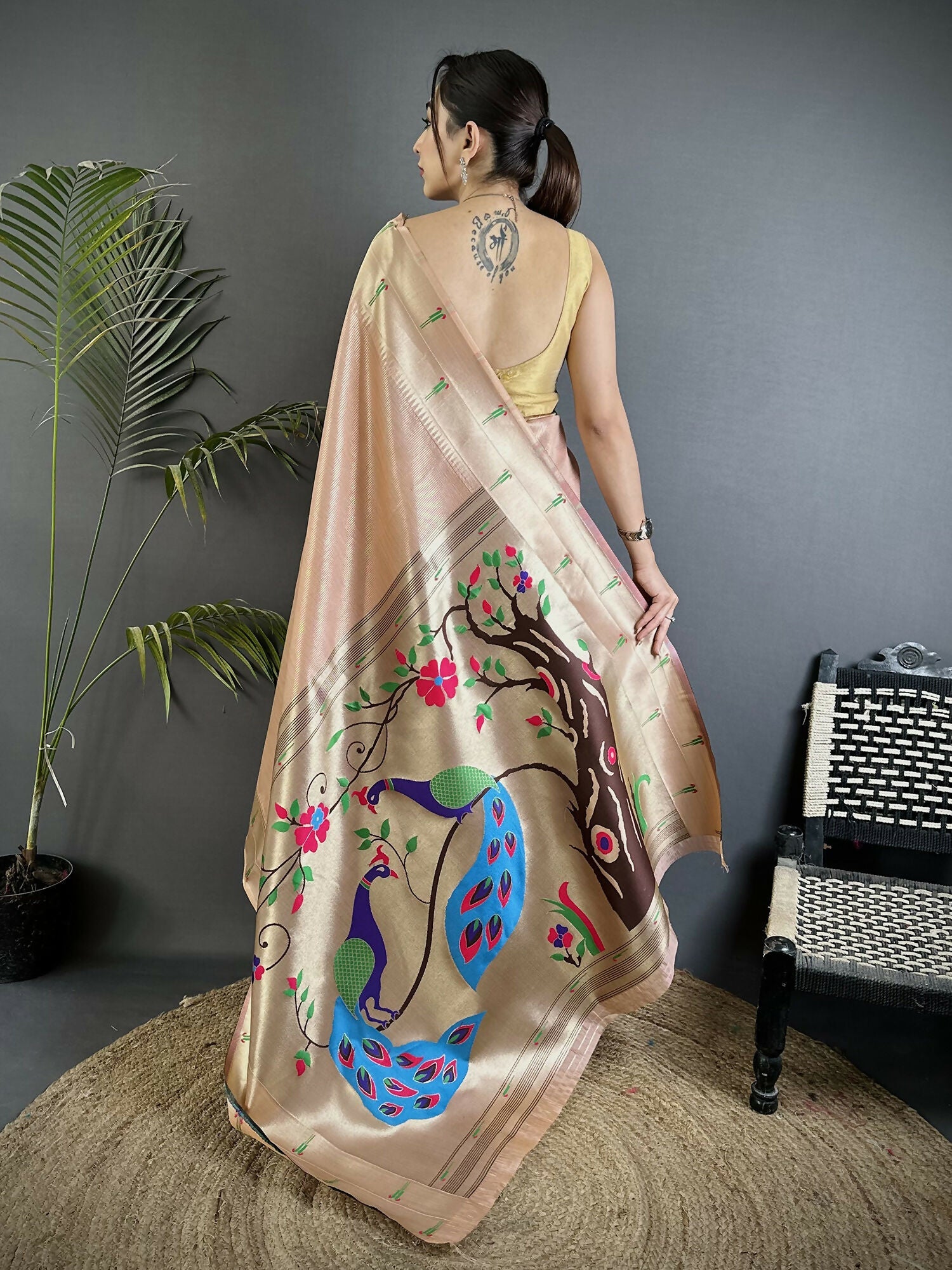 Joban Fashion Peach Peacock & Floral Motifs Tissue Paithani Saree