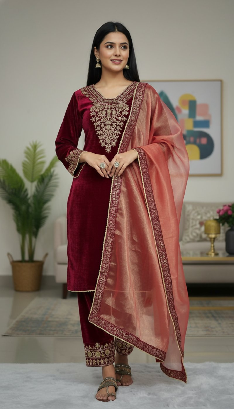 Joban Fashion Maroon Velvet Embroidery Sequence Work Readymade Kurta Set