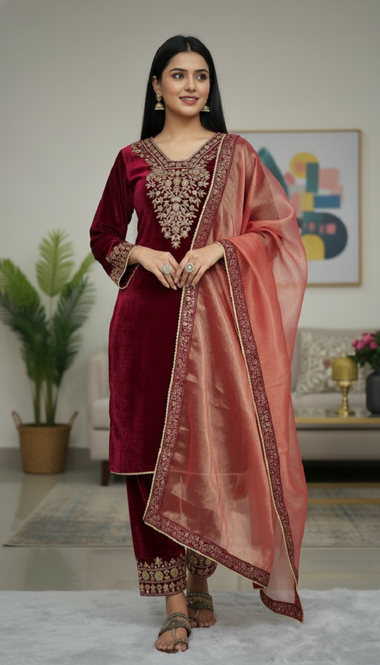 Joban Fashion Maroon Velvet Embroidery Sequence Work Readymade Kurta Set