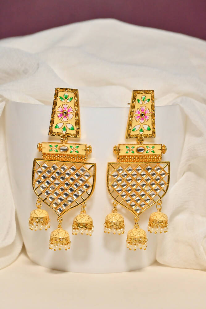Traditional Gold-Plated Meenakari Beige Jhumka Jhumki Earrings By House of Ree - Grab2buy