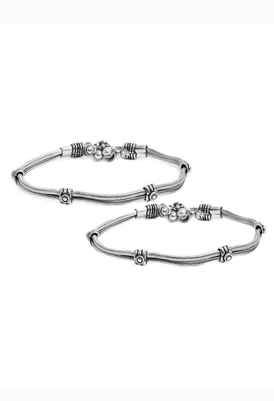Mominos Fashion Kamal Johar Oxidised Silver Double Lined Anklets