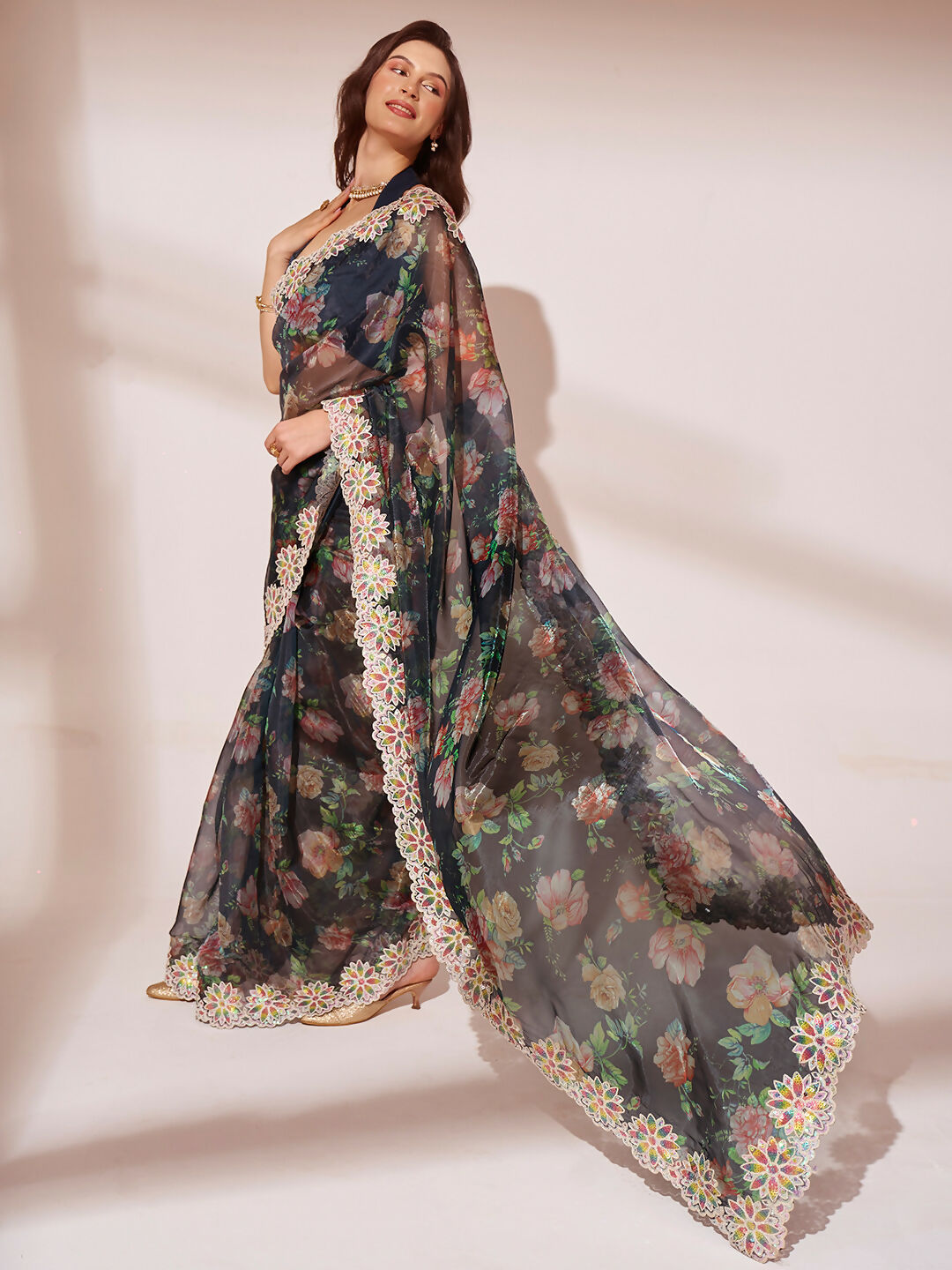 Black Jimmy Choo Designer Work Lace Border & Swarovski Work Saree - Orchid