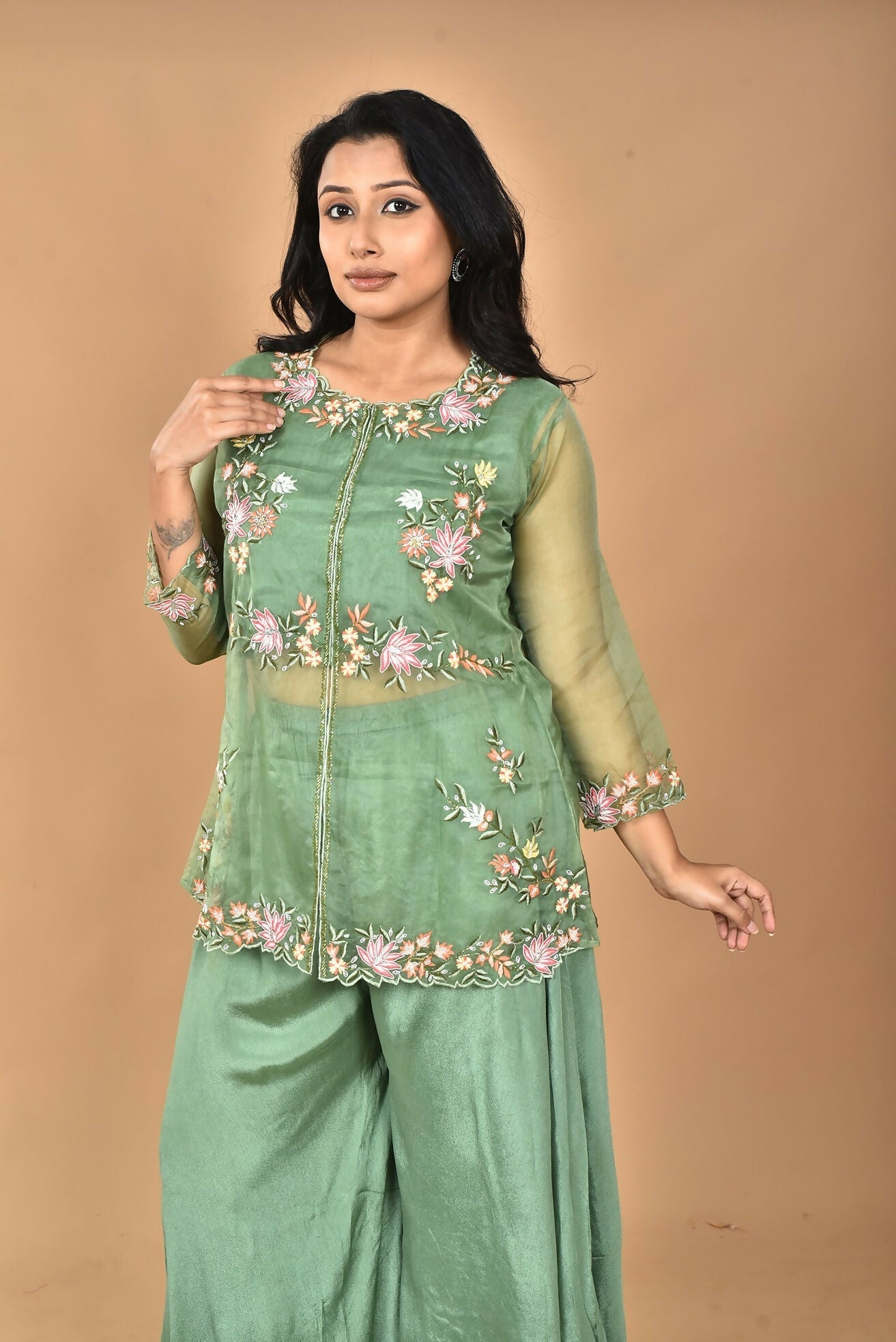Morchari Women And Hand Embroidery Palazzo Set-Green 