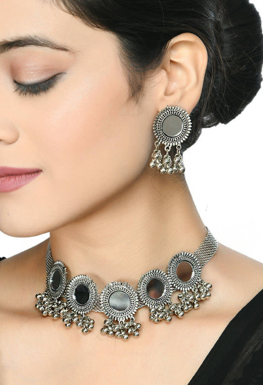 Mominos Fashion Johar Kamal Silver-Plated Brass Finish Mirror Work Women Choker - Grab2buy