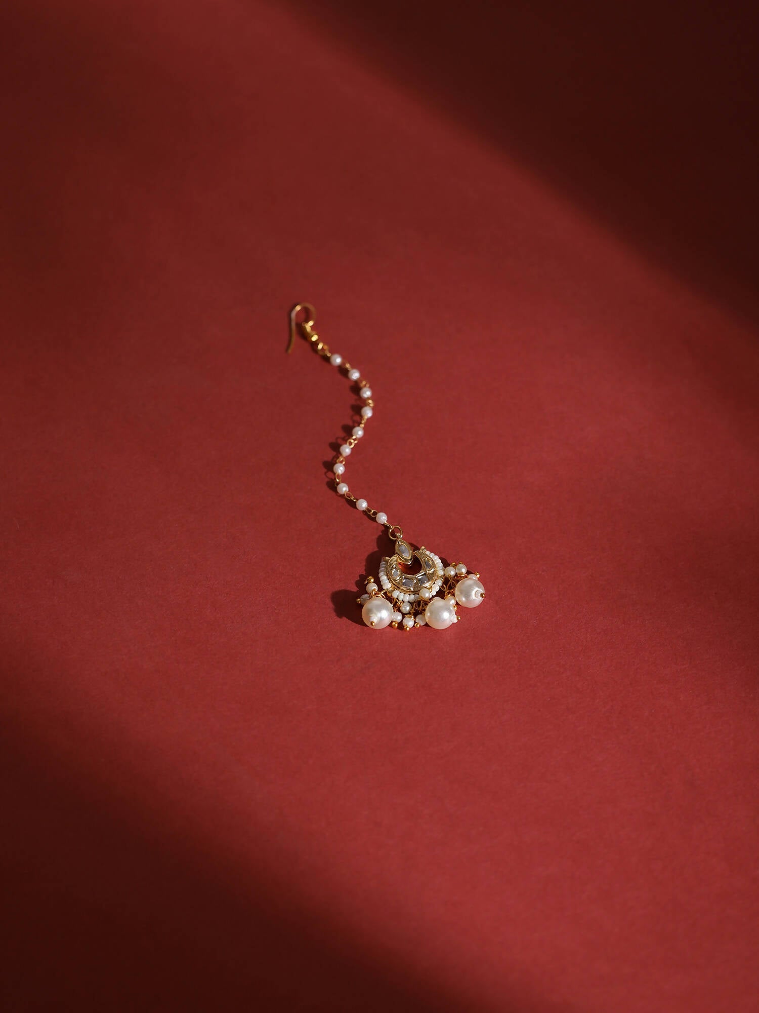 Gold-Plated White Kundan-Studded Beaded Layered Maang Tikka - Ruby Raang - Grab2buy