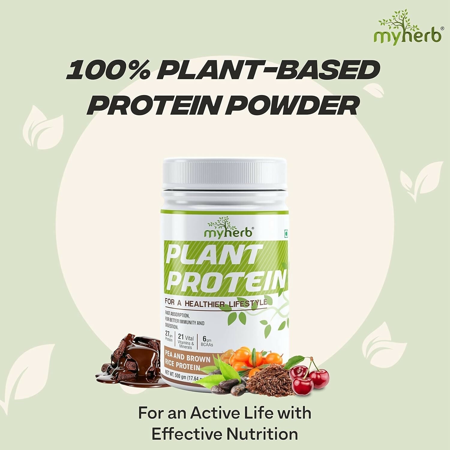 Myherb Plant Protein Powder, Pea And Brown Rice Protein Powder - Chocolate Flavour 