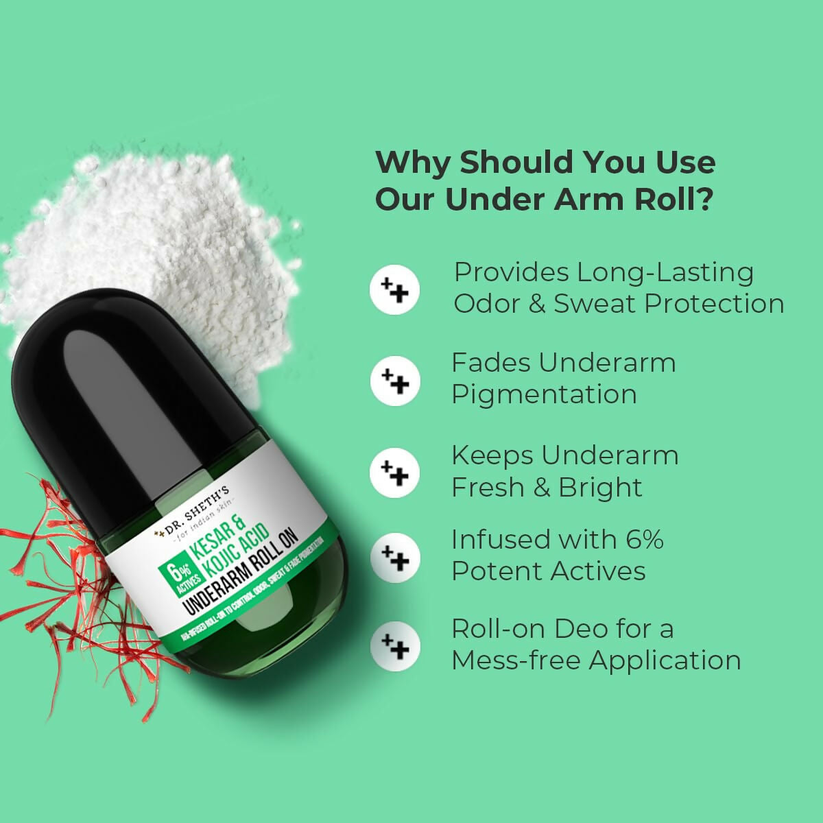 Dr. Sheth's Kesar & Kojic Acid Underarm Roll-on 6% Actives -AHA, Kojic Acid & Niacinamide, Controls Body Odor, Sweat & Fade Pigmentation 