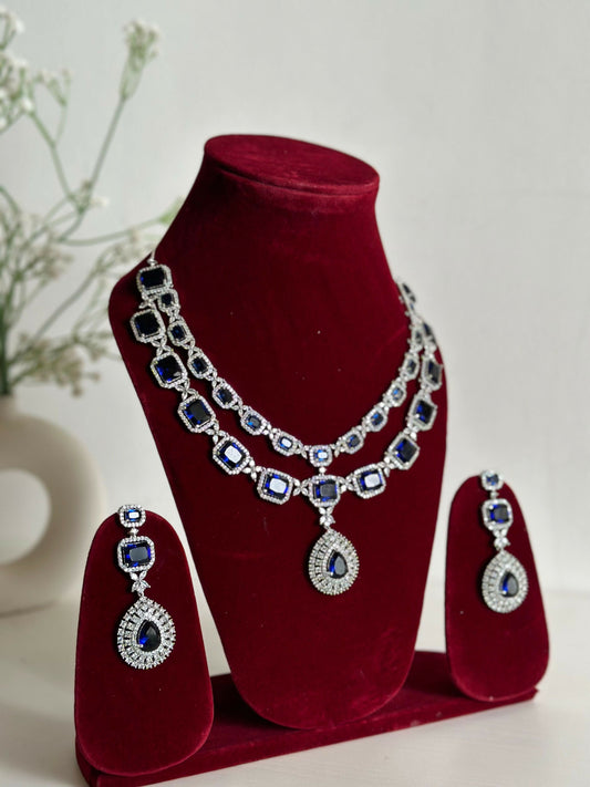 Royal Blue American Diamond Two Layer Elegent Necklace Set With Earrings By House of Ree House of Ree