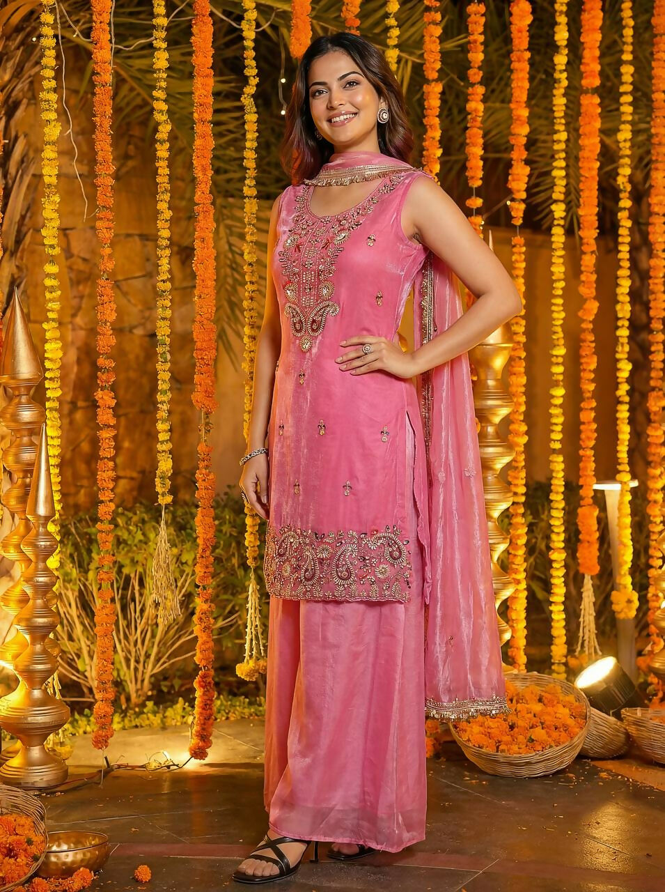Teeya Creation Pink Fendy Silk Beads Work Designer Wedding Wear Salwar Suit