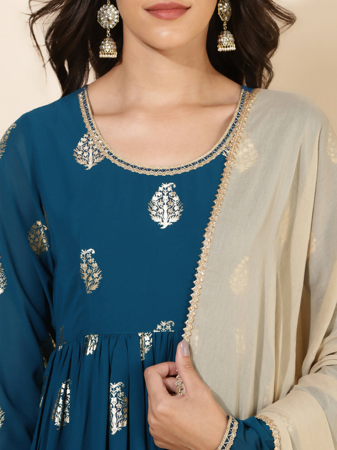 Janasya Women's Teal Blue Georgette Foil Printed Festive Flared Kurta Set 