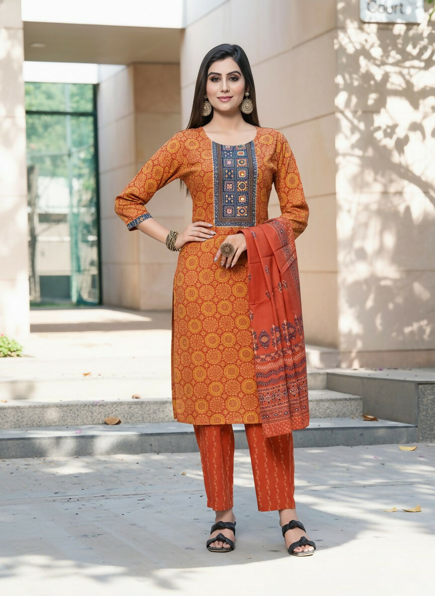 BulBul Aaliya Rust Cotton Kurta Set with Dupatta 