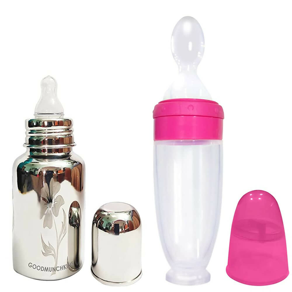 Goodmunchkins Stainless Steel Feeding Bottle With Spoon Food Feeder for Baby Anti Colic Silicon Nipple Feeder 220 ml Combo Pack-Pink