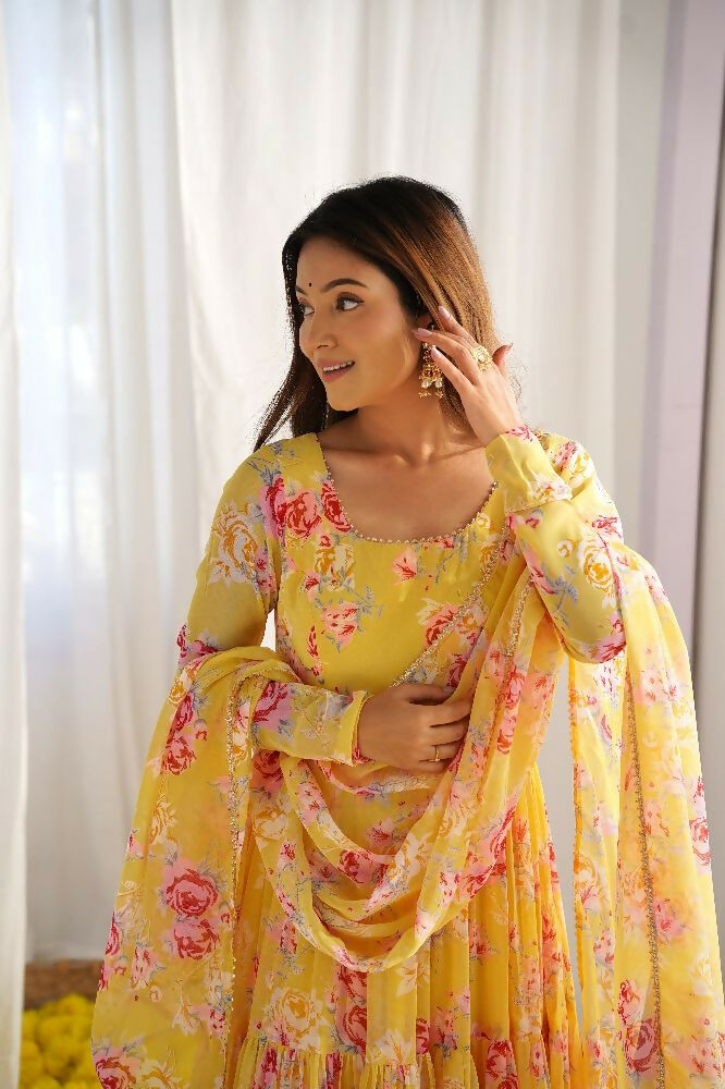 Joban Fashion Yellow Kurta Set Georgette Sequence Embroidery Work 
