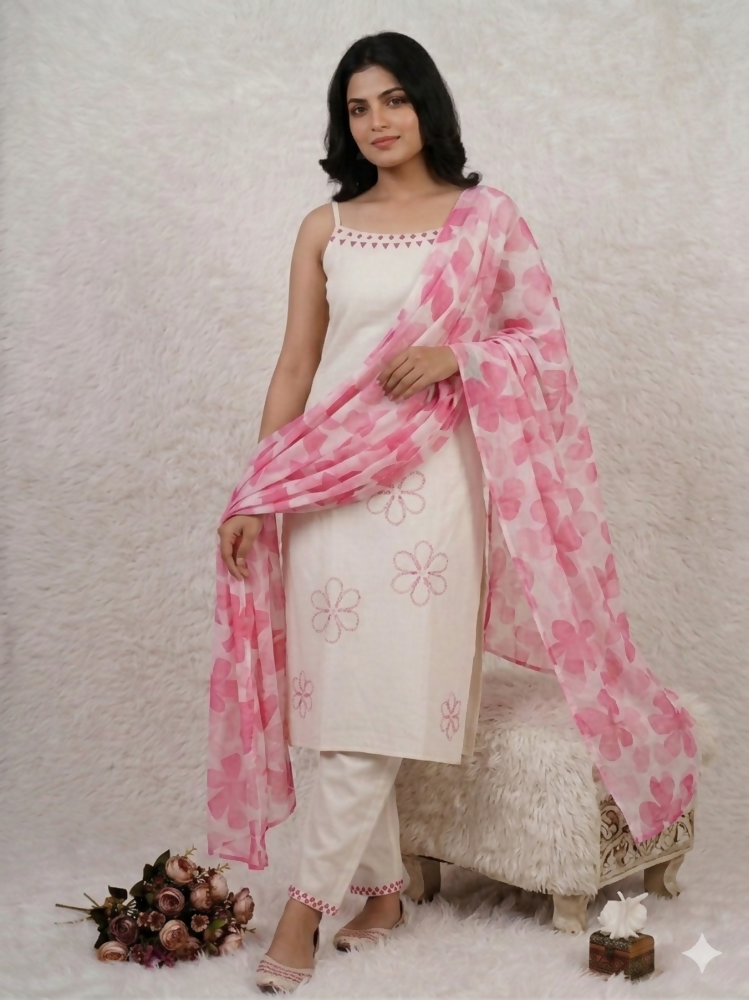 Teeya Creation Women’s Straight Cotton Kurta Pant Set with Floral Organza Dupatta Set