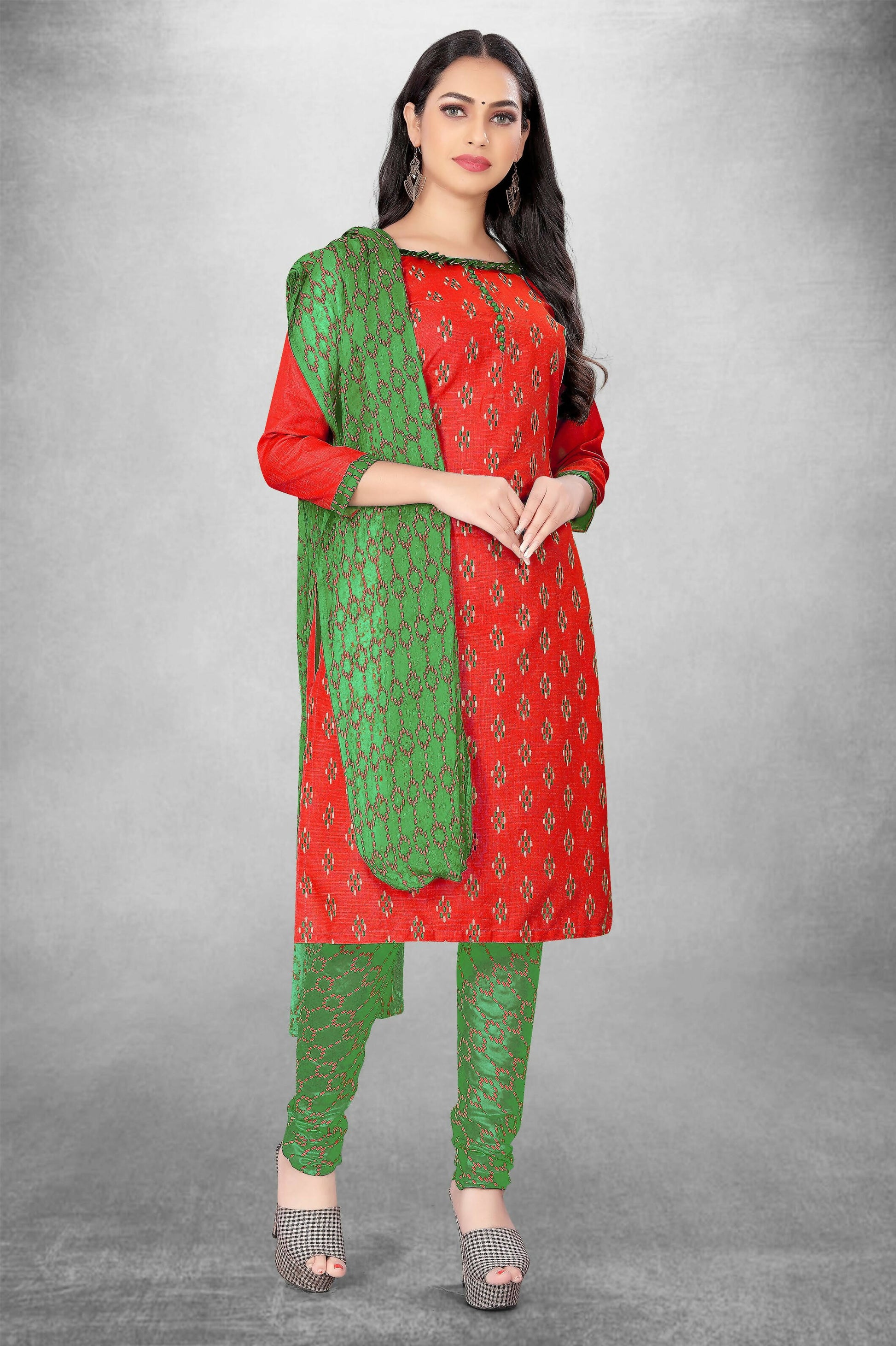 Red Cotton Printed Unstitched Dress Material - Amara