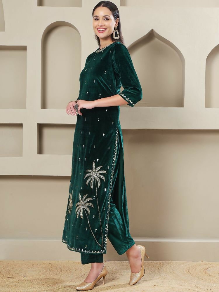 Joban Fashion Women Green Velvet Hand Embellishment Stitched Kurta Set