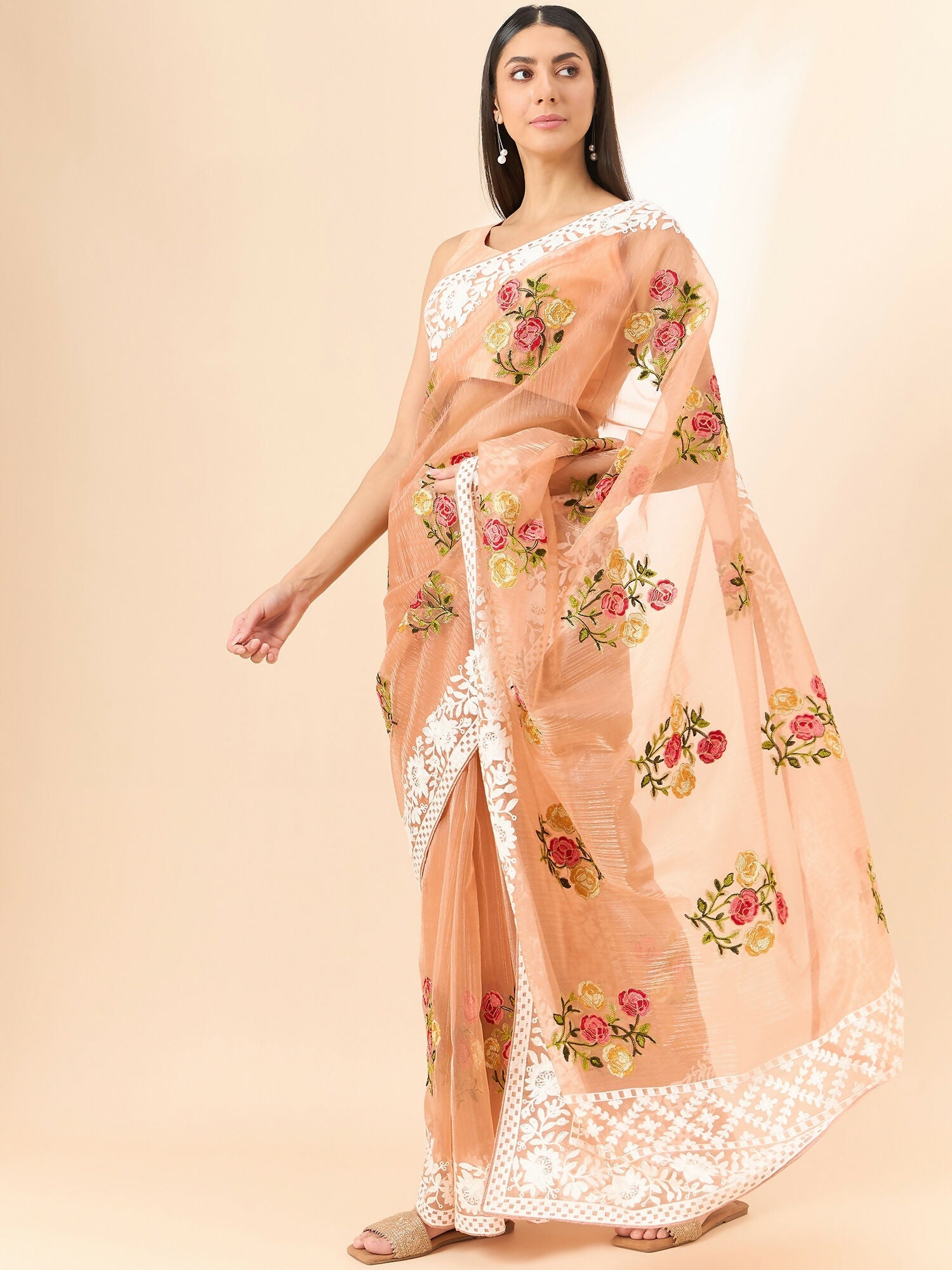 Peach Organza Floral Embroidered Saree with Unstitched Blouse Piece - Roozal